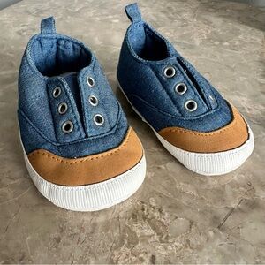 CARTER'S BABY BOY'S SLIP-ON BROWN & JEAN BLUE CRIB SHOES size 3-6 month